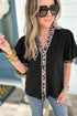 Mixed Pattern Trim Puff Sleeve Button Front Blouse