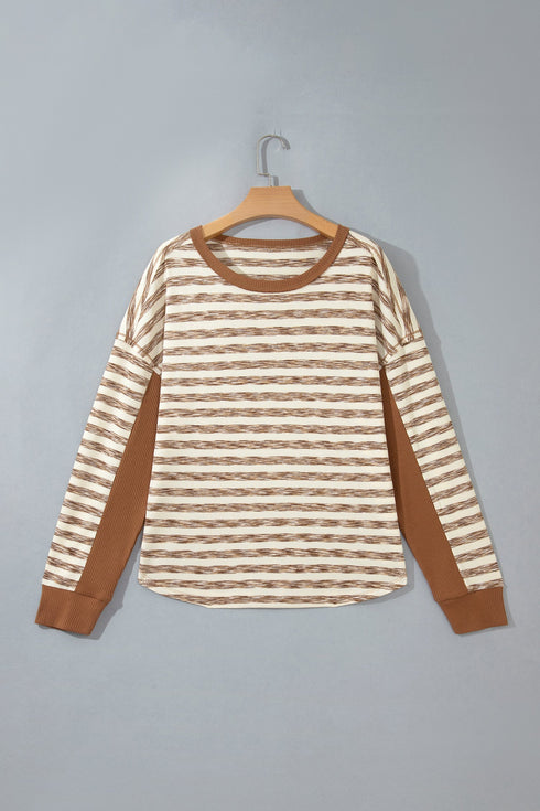 Striped Waffle Knit Round Neck Long Sleeve Top