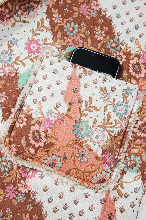 Bohemian Floral Print Sherpa Lined Fleece Hooded Jacket