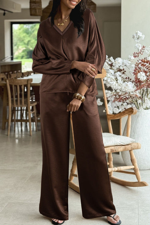 Braided V Neck Long Sleeve Wide Leg Pant Set