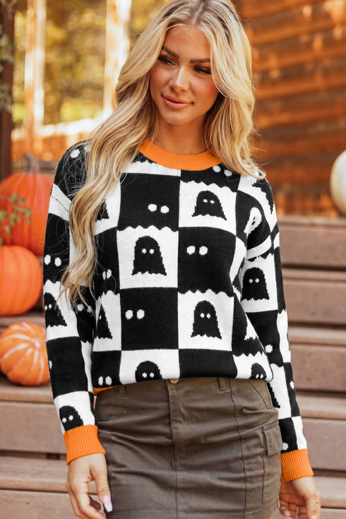 High Neck Drop Shoulder Geometric Print Sweater