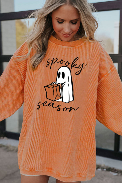Corded Texture Spooky Season Graphic Pullover Sweatshirt