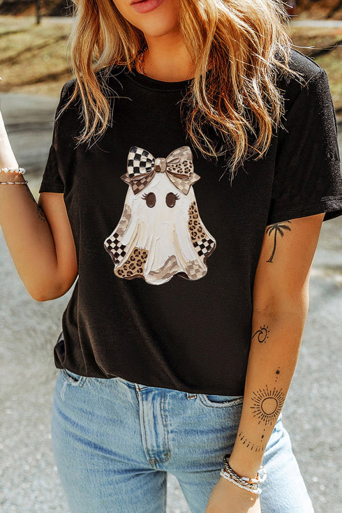 Checkered Leopard Ghost Print Round Neck Tee