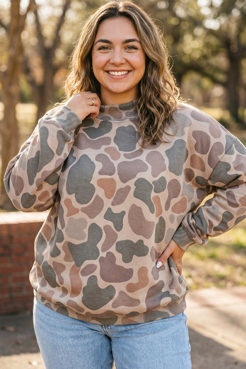 Polyester Camo Print Ribbed Mock Neck Sweatshirt