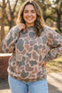 Camouflage Print Ribbed Mock Neck Graphic Pullover Sweatshirt