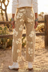Floral Print Metal Button Pleated Straight Leg Jeans