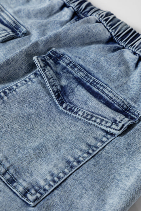 Acid Wash Exposed Seam Elastic Waist Wide Leg Jeans