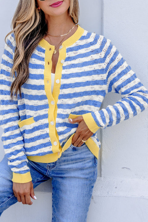 Striped Button Front Long Sleeve Loose Fit Knit Cardigan