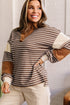 Striped Textured Collar V Neck Long Sleeve Pullover Top
