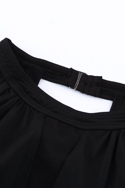 High Neck Mesh Insert Ruched Halter Tankini Top