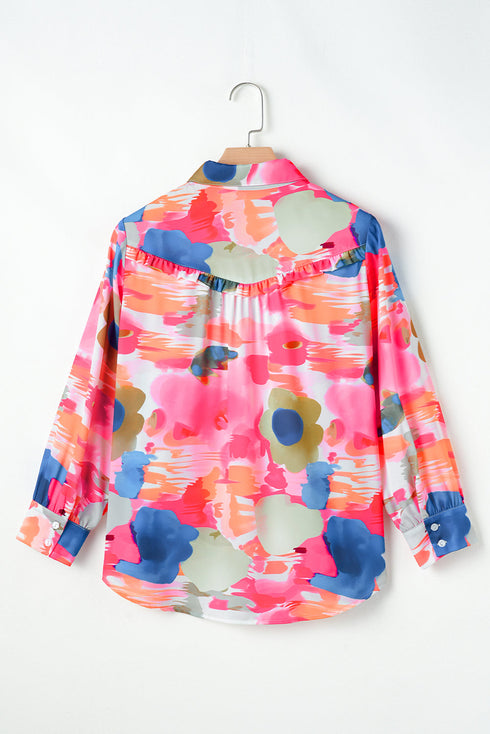 Abstract Floral Print Ruffle Detail Button Down Shirt