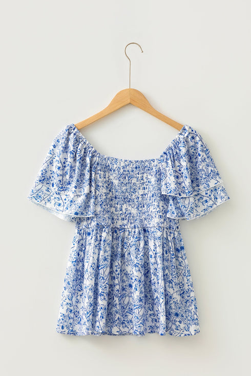 Floral Print Square Neck Ruffled Sleeve Smocked Babydoll Blouse