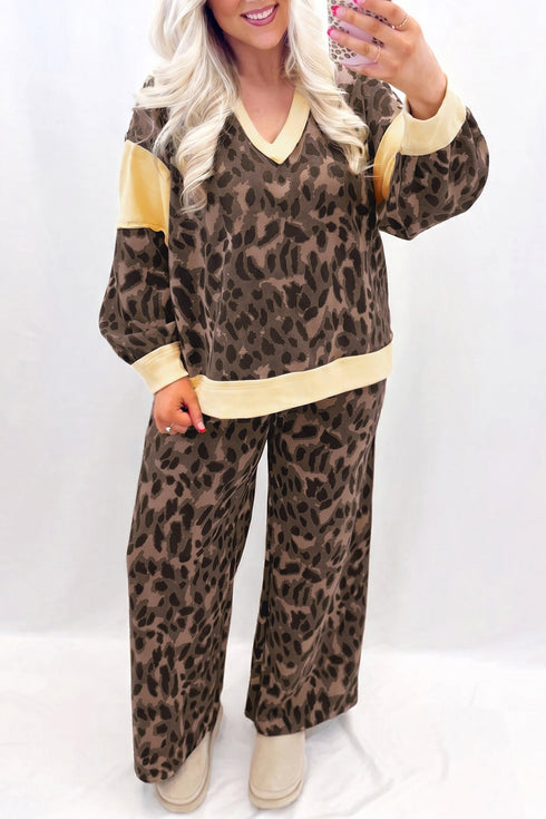 Leopard Print Long Sleeve V Neck Wide Leg Pant Set