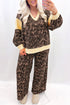 Leopard Print Long Sleeve V Neck Wide Leg Pant Set