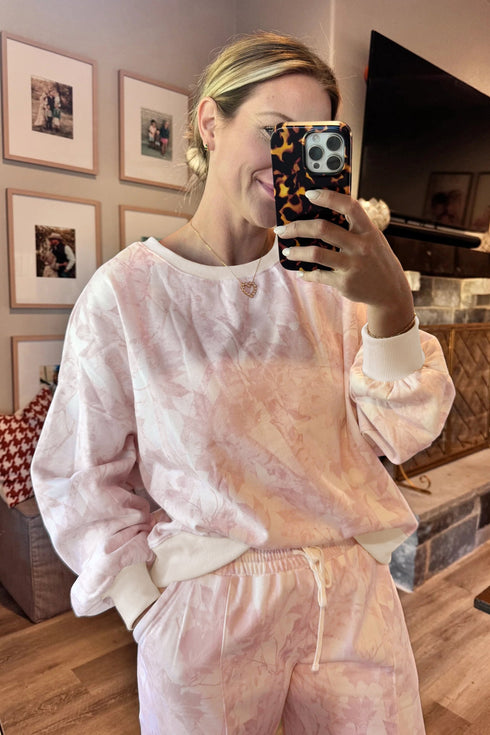 Abstract Print Drop Shoulder Drawstring Waist Hem Pant Set