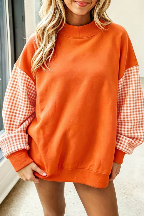 Plaid Sleeve Paneled Mock Neck Loose Tunic Sweatshirt