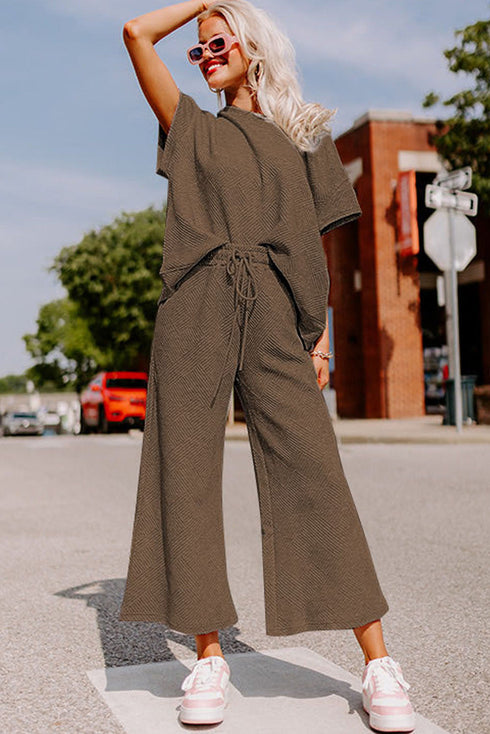 Textured Solid Loose Fit Wide Leg Pant Set