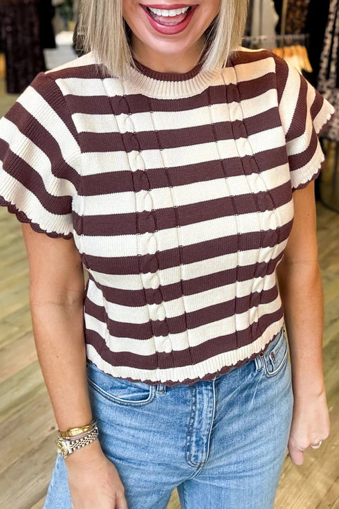 Striped Ribbed Knit Cable Short Sleeve Sweater