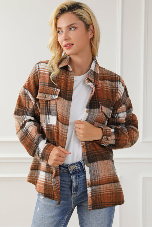 Casual Plaid Print Flap Pocket Button Down Shacket