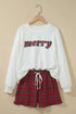 Plaid Slogan Embroidery Pocket Long Sleeve Lounge Set
