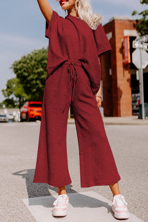 Textured Solid Loose Fit Wide Leg Pant Set