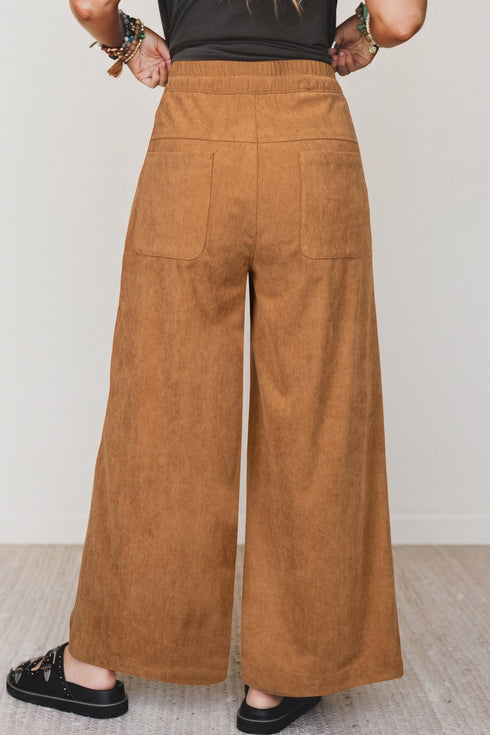 Elastic Waist Wooden Button Placket Ankle Length Wide Leg Pants