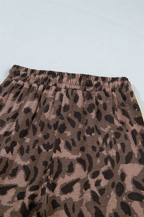Leopard Print Long Sleeve V Neck Wide Leg Pant Set