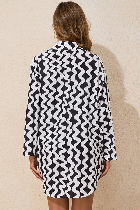 Wavy Print Tie Front One Piece Swimsuit