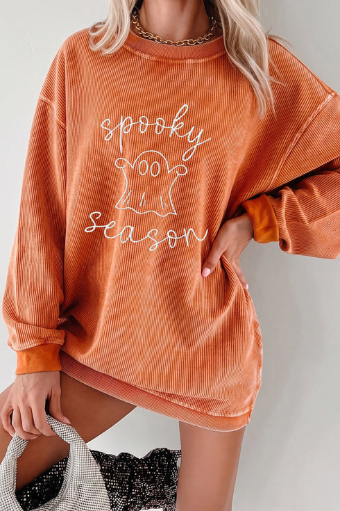Spooky Embroidered Letter Graphic Corded Texture Sweatshirt