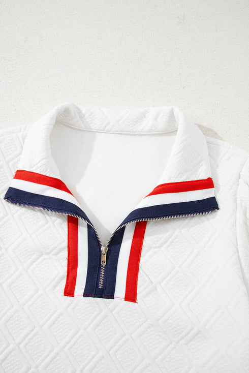 Textured Contrast Trim Puff Sleeve Quarter Zip Mini Dress