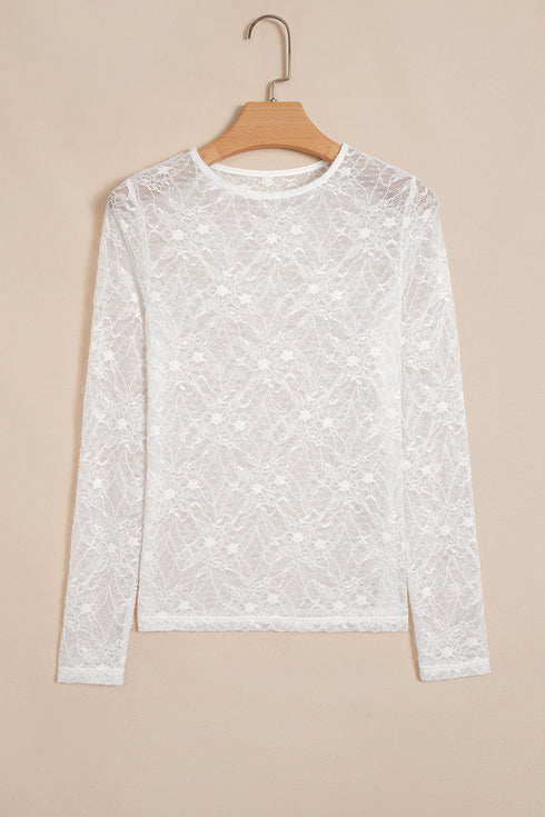Sheer Mesh Lace Feminine Detail Long Sleeve Top