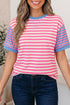 Stripe Print Contrast Patchwork Short Sleeve Loose Tee