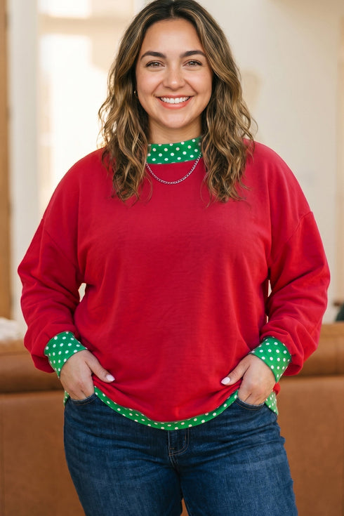 Polka Dot Patchwork Paneled Graphic Pullover Sweatshirt