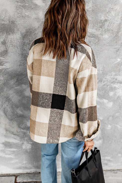 Paneled Pocketed Button Down Long Sleeve Plaid Shacket