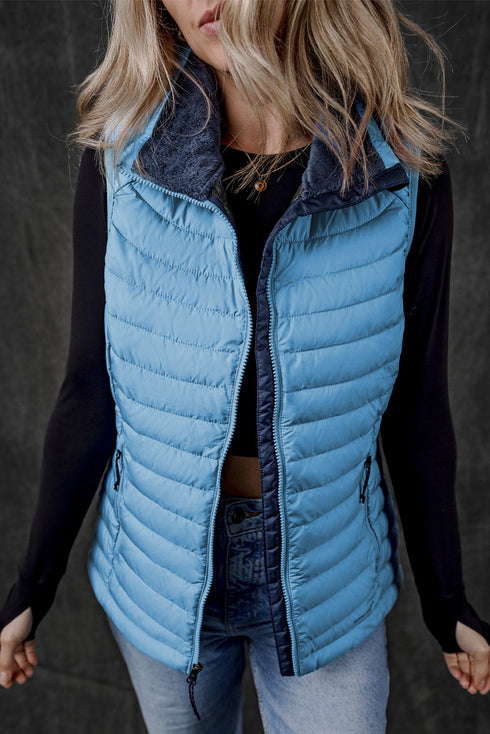 Plush Collar Quilted Zip Front Puffer Vest