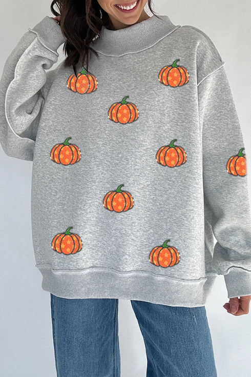 Sequined Star Pumpkin Graphic Exposed Seam Mock Neck Sweatshirt