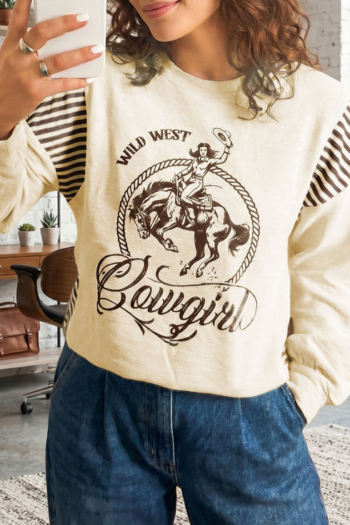 Western Print Striped Detail Long Sleeve Top