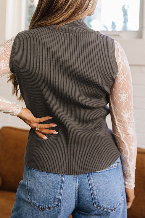 Western Ribbed Knit High Neck Slim Fit Sweater Vest