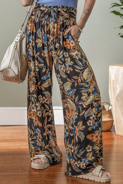 Bohemian Floral Print Smocked Waist Wide Leg Pants
