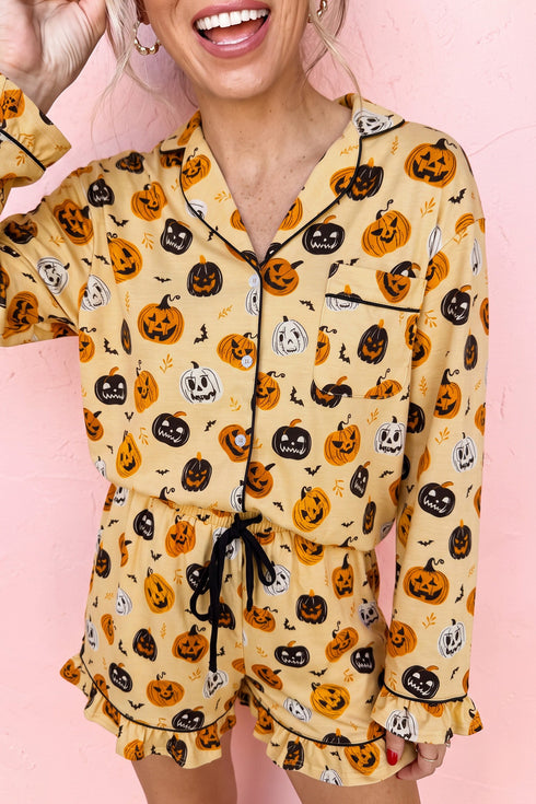 Pumpkin Face Print Ruffle Long Sleeve Two Piece Lounge Set