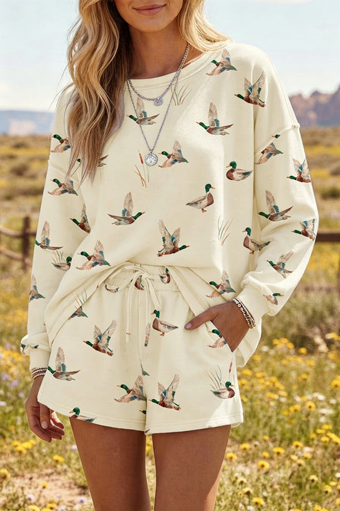 Free Mallard Print Drawstring Long Sleeve Short Set