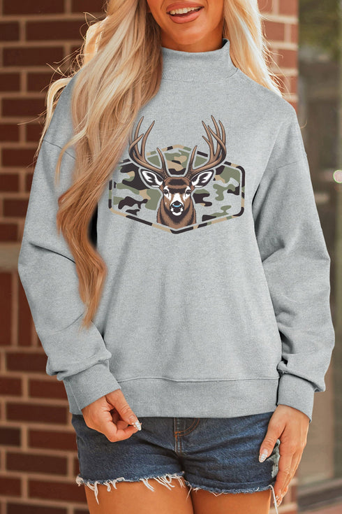 Oversize Camouflage Reindeer Print Mock Neck Sweatshirt