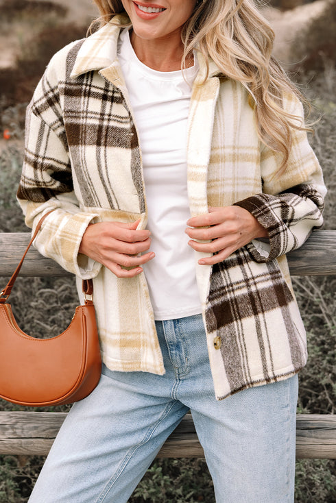 Button Front Patchwork Side Pocket Plaid Shacket