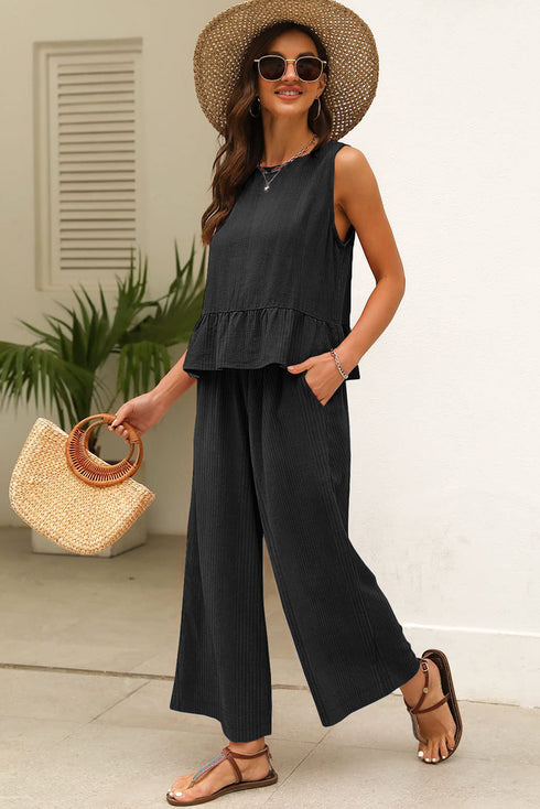 Textured Ribbed Ruffle Tank Top Wide Leg Pant Set