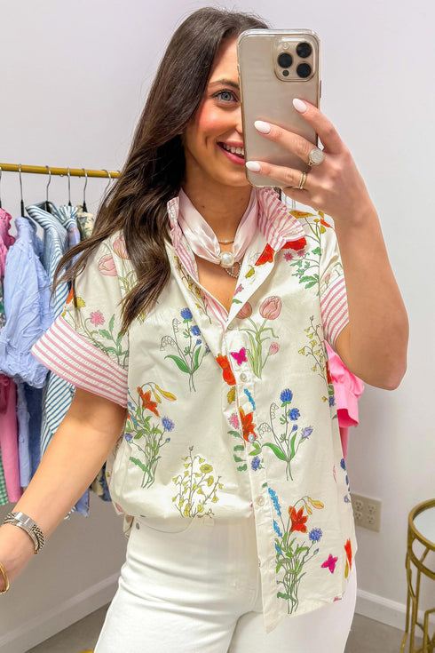 Floral Striped Patchwork Ruffled Collar Short Sleeve Shirt