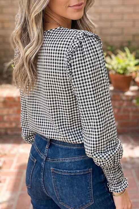 Plaid Shirred Cuff Round Neck Cotton Long Sleeve Blouse