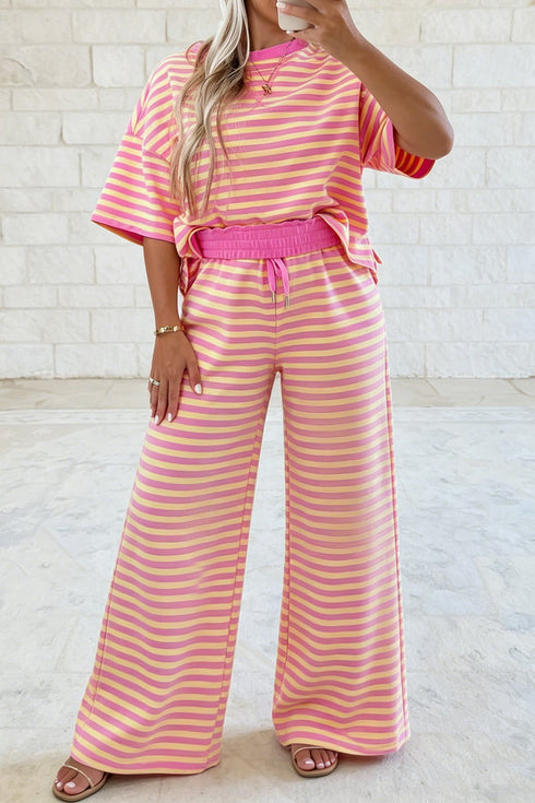 Striped Trim Crew Neck Loose Tee Drawstring Elastic Waist Two Piece Pant Set