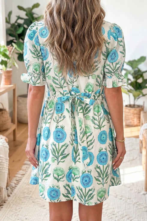 Floral Half Button Frill Sleeve Dress