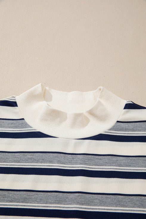 Striped Ribbed Stand Neck Long Sleeve Shift Sweatshirt