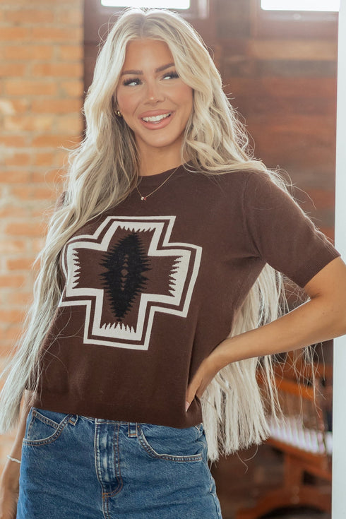 Polyester Western Print Short Sleeve Knit Sweater